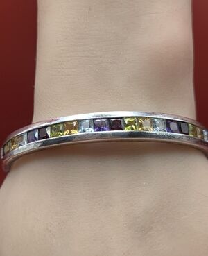 Vintage Sterling Silver Multicolor Gemstone  Hinged Bangle